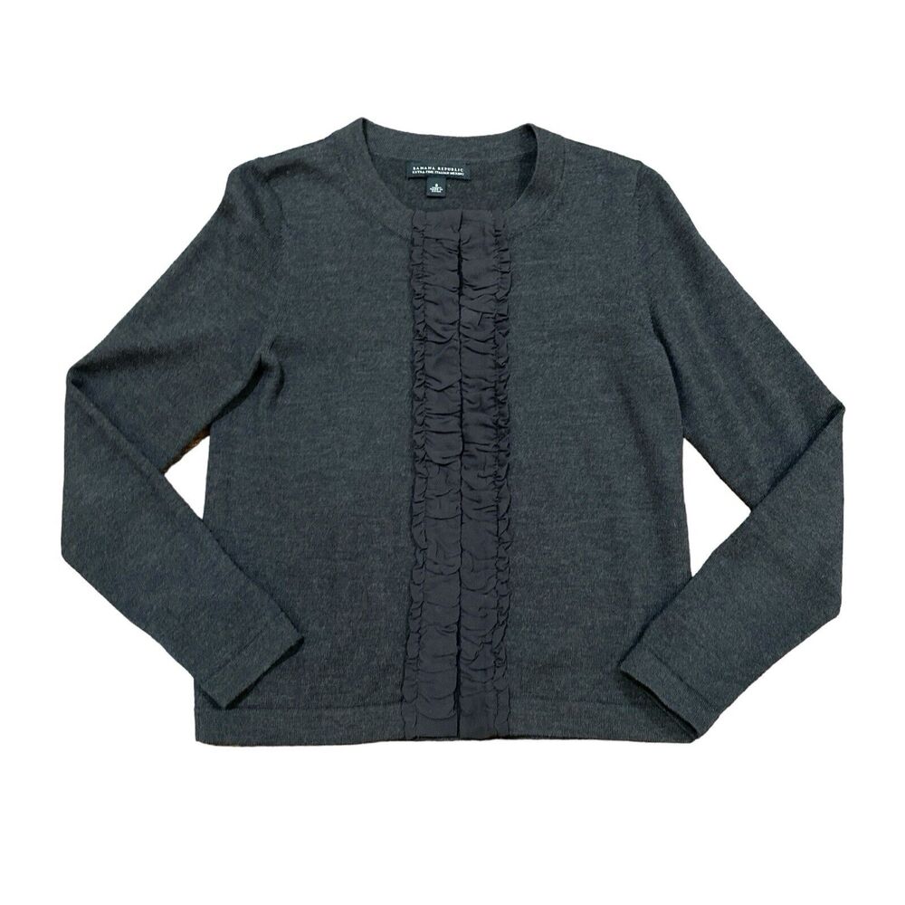 Banana Republic Cardigan Sweater Gray Italian Merino Wool Ruffle Size Small